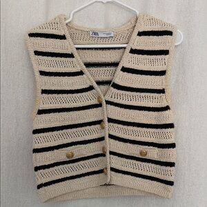 Zara Beige and Black Striped Crochet Button Vest